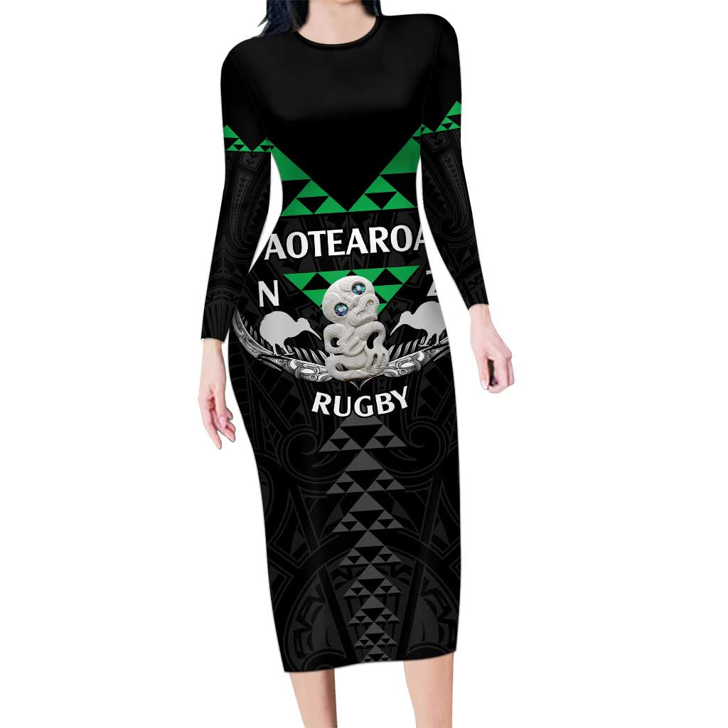 Personalised Aotearoa Rugby Long Sleeve Bodycon Dress New Zealand Maori Kete Matauranga Pattern