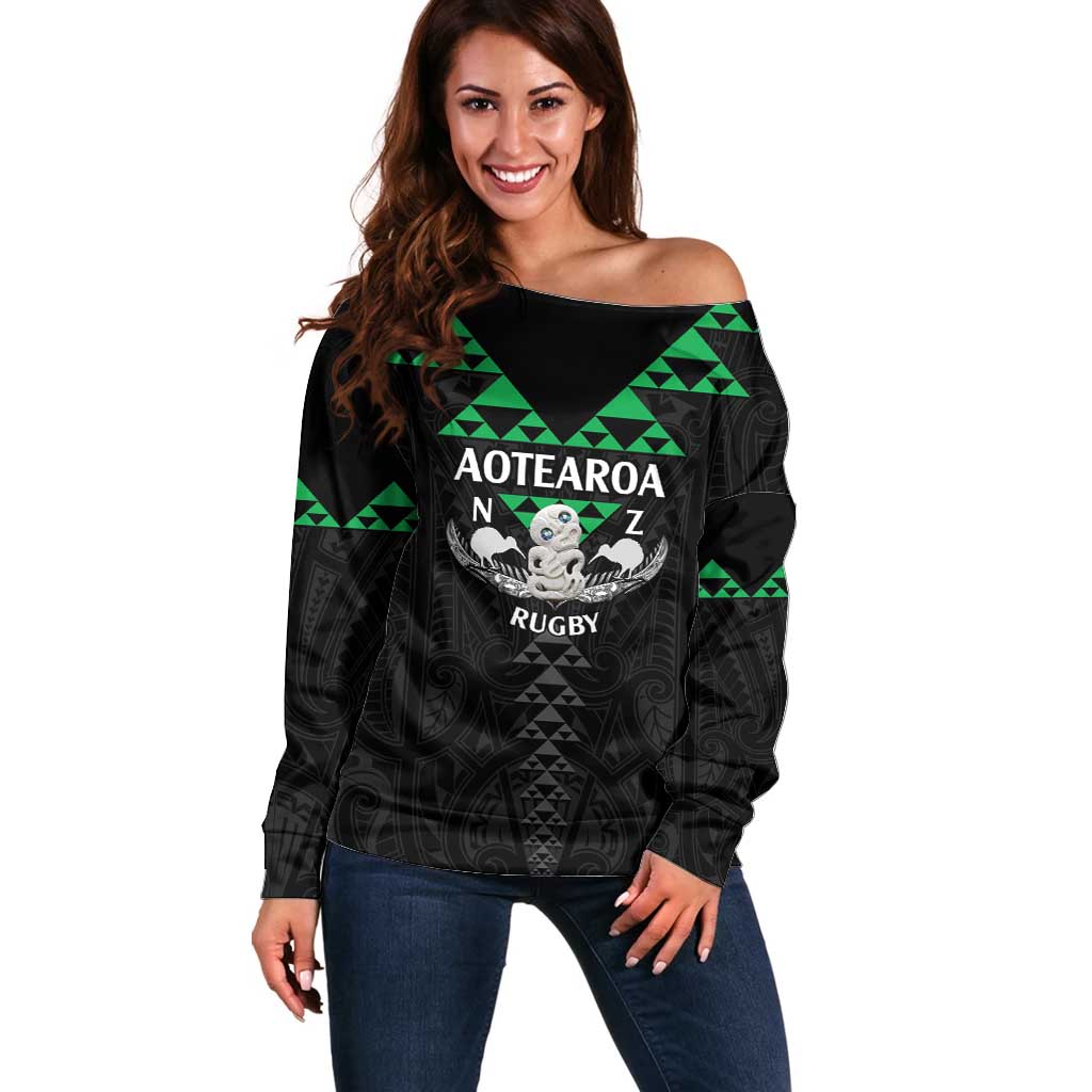 Personalised Aotearoa Rugby Off Shoulder Sweater New Zealand Maori Kete Matauranga Pattern