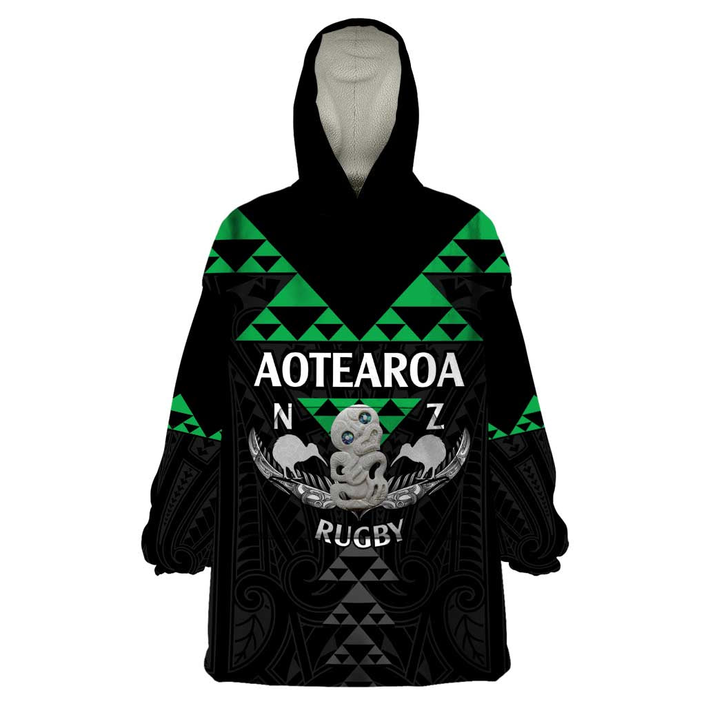 Personalised Aotearoa Rugby Wearable Blanket Hoodie New Zealand Maori Kete Matauranga Pattern