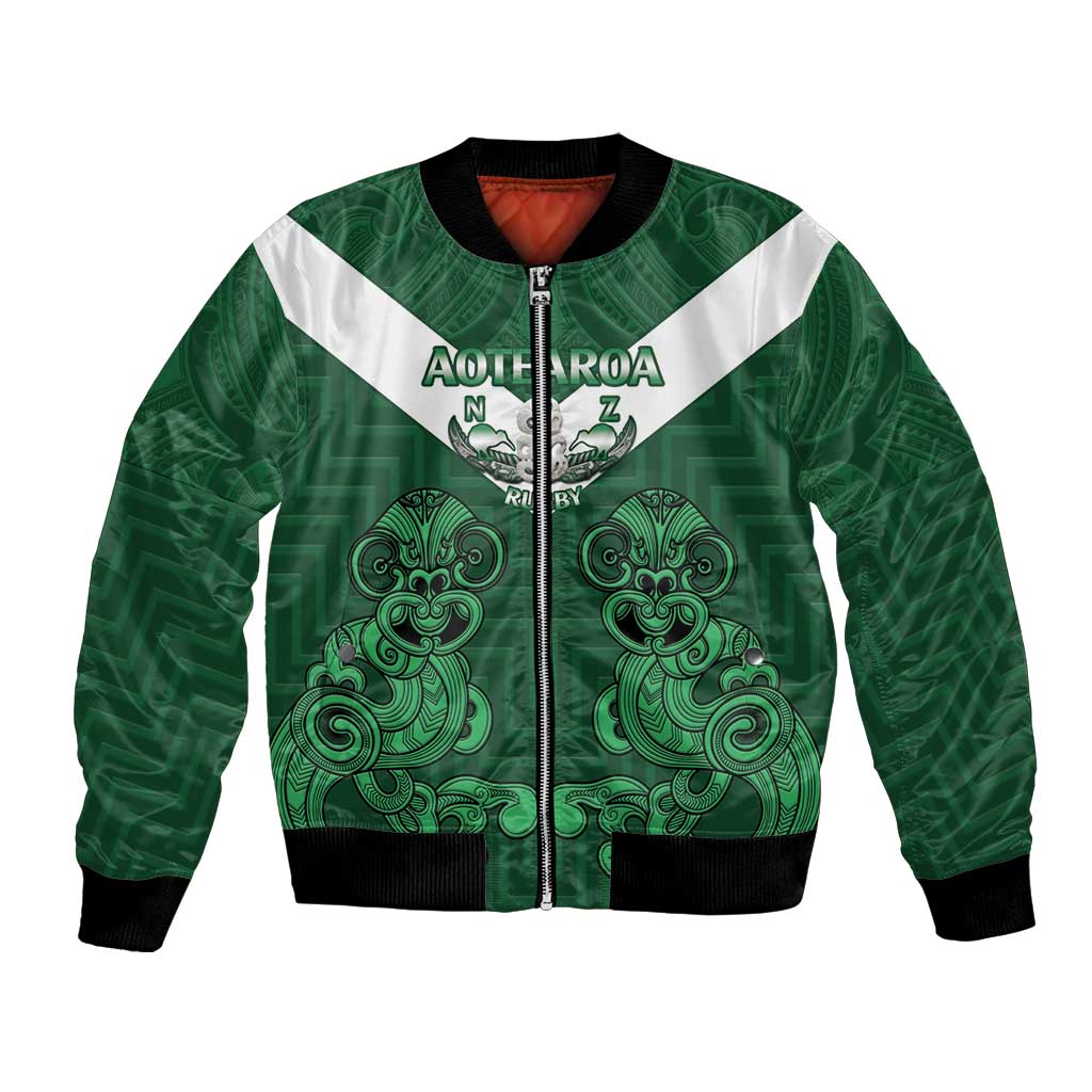 Custom Aotearoa Rugby Bomber Jacket New Zealand Maori Kete Poutama Pattern