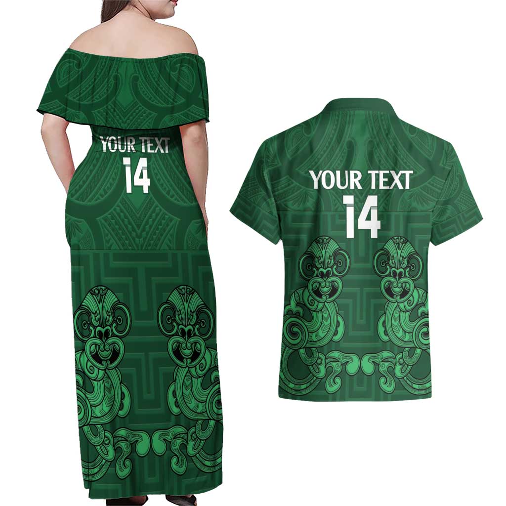 Custom Aotearoa Rugby Couples Matching Off Shoulder Maxi Dress and Hawaiian Shirt New Zealand Maori Kete Poutama Pattern