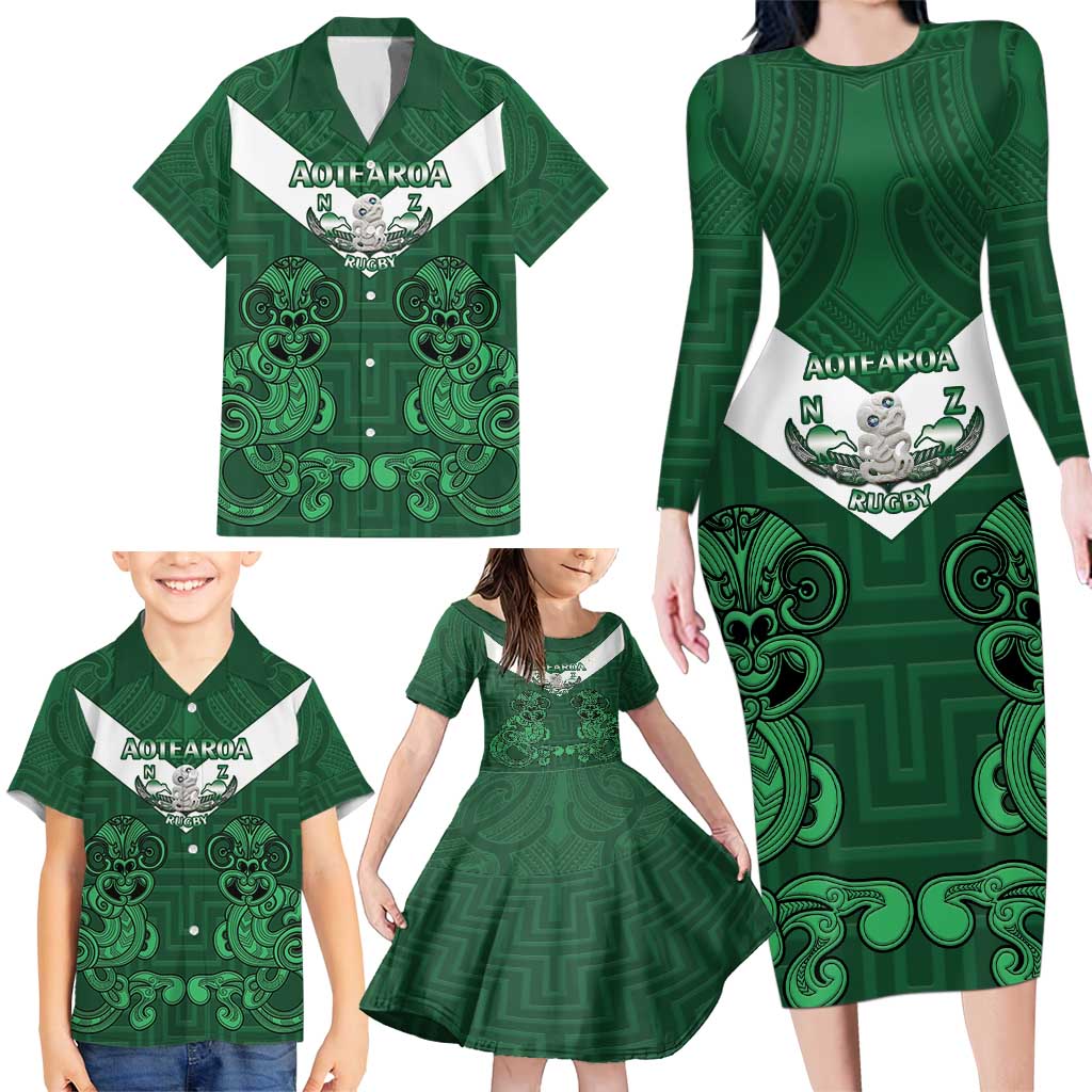 Custom Aotearoa Rugby Family Matching Long Sleeve Bodycon Dress and Hawaiian Shirt New Zealand Maori Kete Poutama Pattern