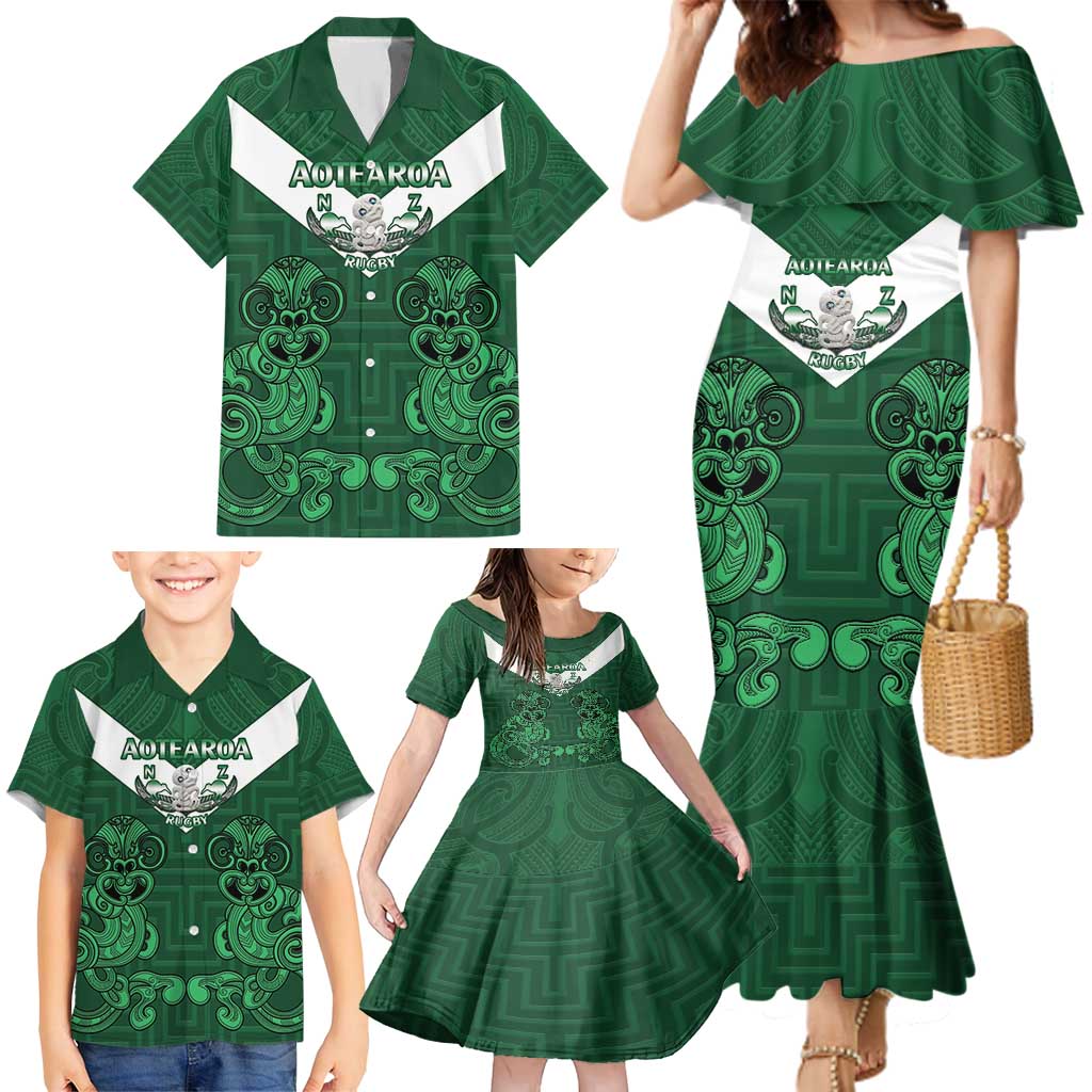 Custom Aotearoa Rugby Family Matching Mermaid Dress and Hawaiian Shirt New Zealand Maori Kete Poutama Pattern