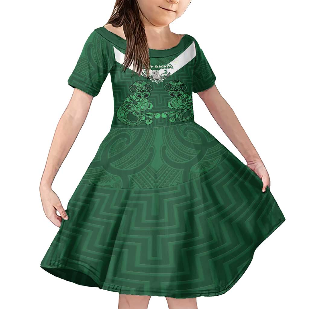 Custom Aotearoa Rugby Family Matching Off Shoulder Short Dress and Hawaiian Shirt New Zealand Maori Kete Poutama Pattern LT14 Daughter's Dress Green - Polynesian Pride