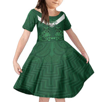 Custom Aotearoa Rugby Family Matching Off Shoulder Short Dress and Hawaiian Shirt New Zealand Maori Kete Poutama Pattern LT14 Daughter's Dress Green - Polynesian Pride