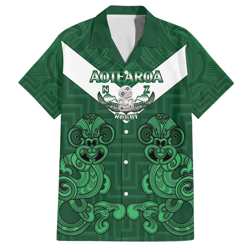 Custom Aotearoa Rugby Family Matching Off Shoulder Short Dress and Hawaiian Shirt New Zealand Maori Kete Poutama Pattern LT14 Dad's Shirt - Short Sleeve Green - Polynesian Pride