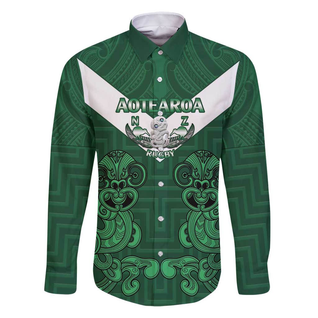 Custom Aotearoa Rugby Family Matching Off Shoulder Short Dress and Hawaiian Shirt New Zealand Maori Kete Poutama Pattern LT14 Dad's Shirt - Long Sleeve Green - Polynesian Pride