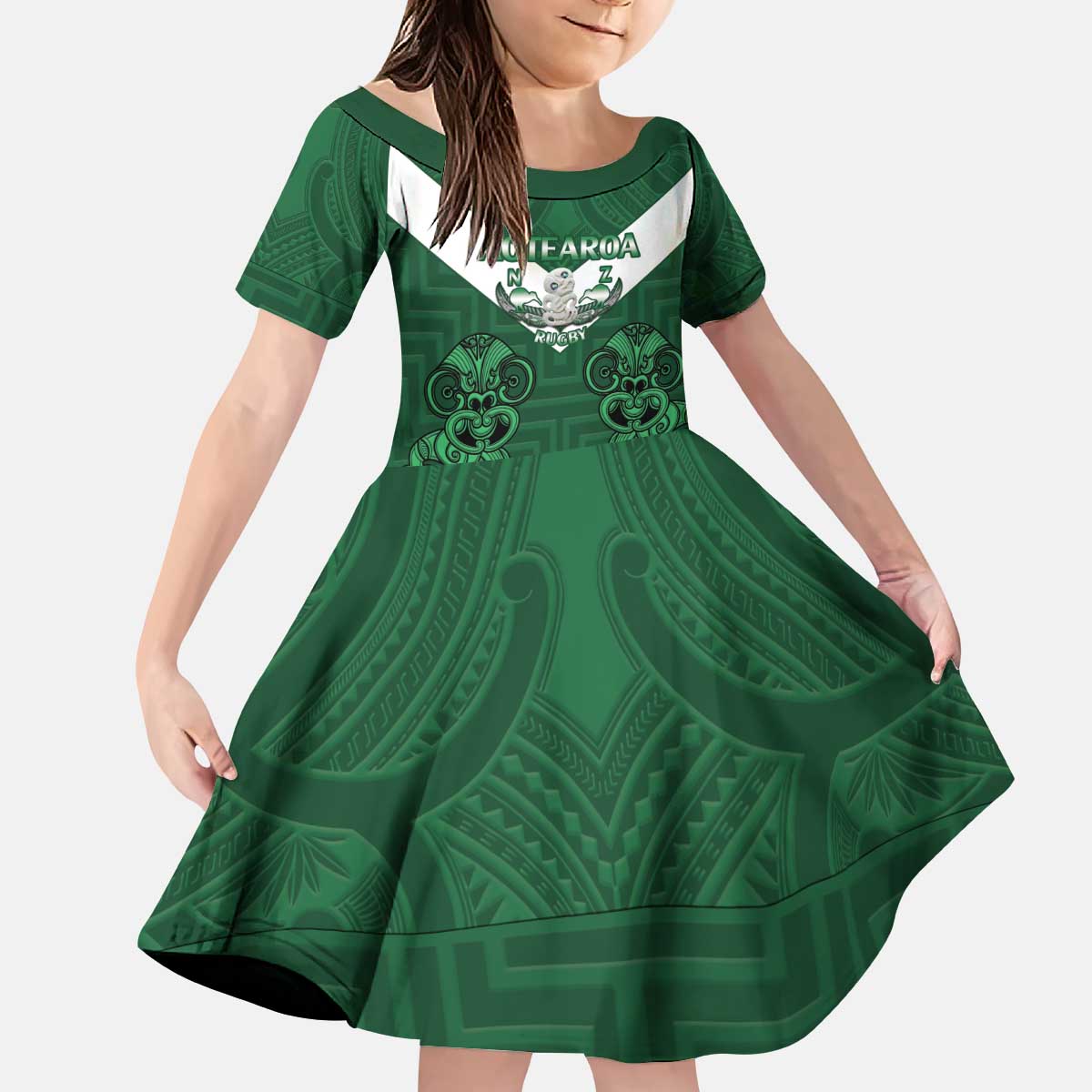 Custom Aotearoa Rugby Kid Short Sleeve Dress New Zealand Maori Kete Poutama Pattern