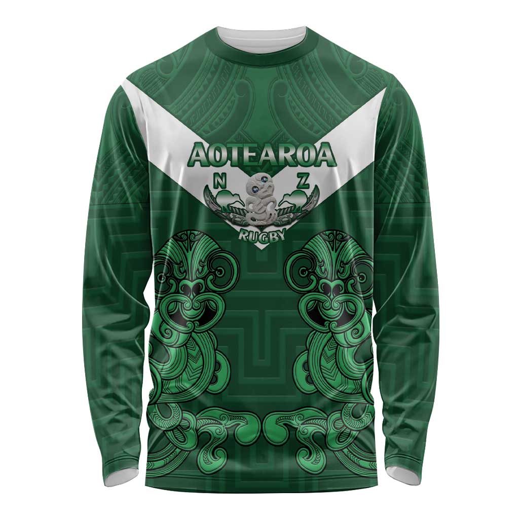 Custom Aotearoa Rugby Long Sleeve Shirt New Zealand Maori Kete Poutama Pattern