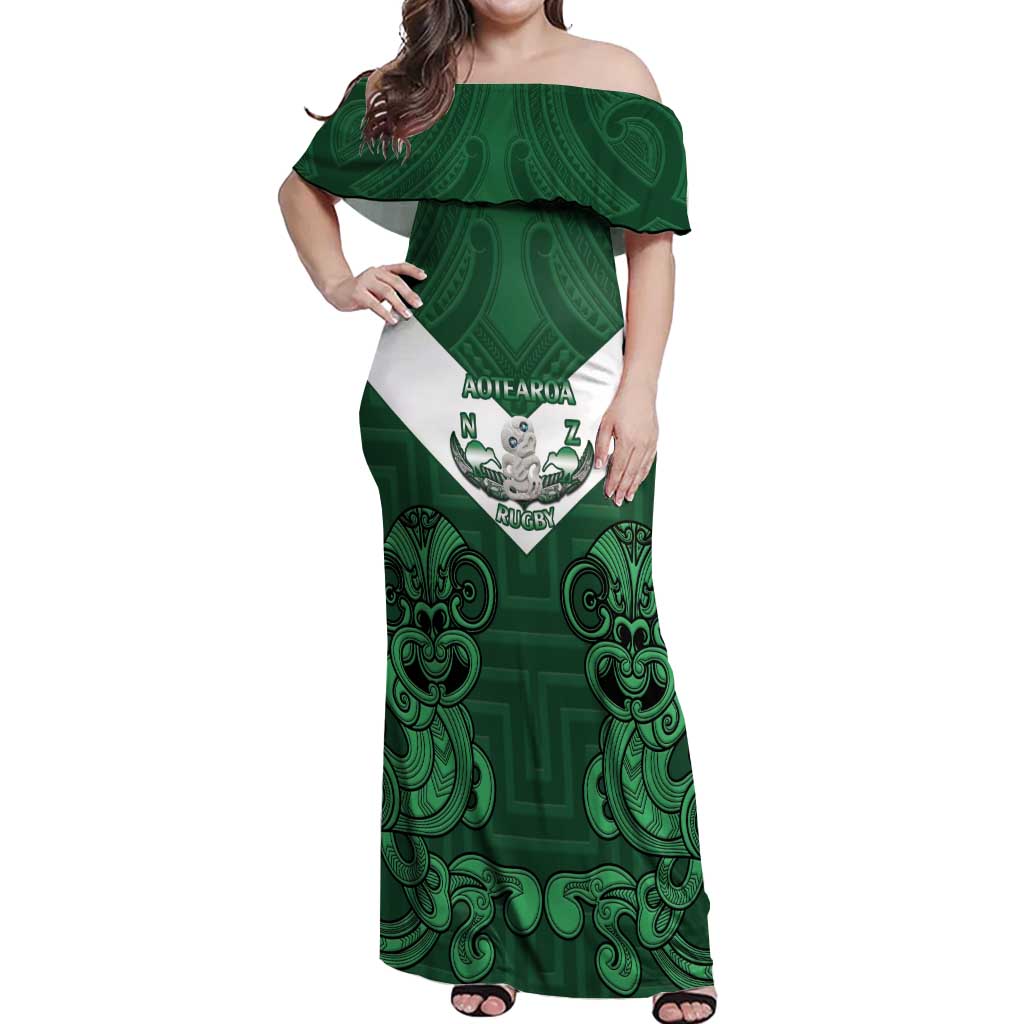 Custom Aotearoa Rugby Off Shoulder Maxi Dress New Zealand Maori Kete Poutama Pattern