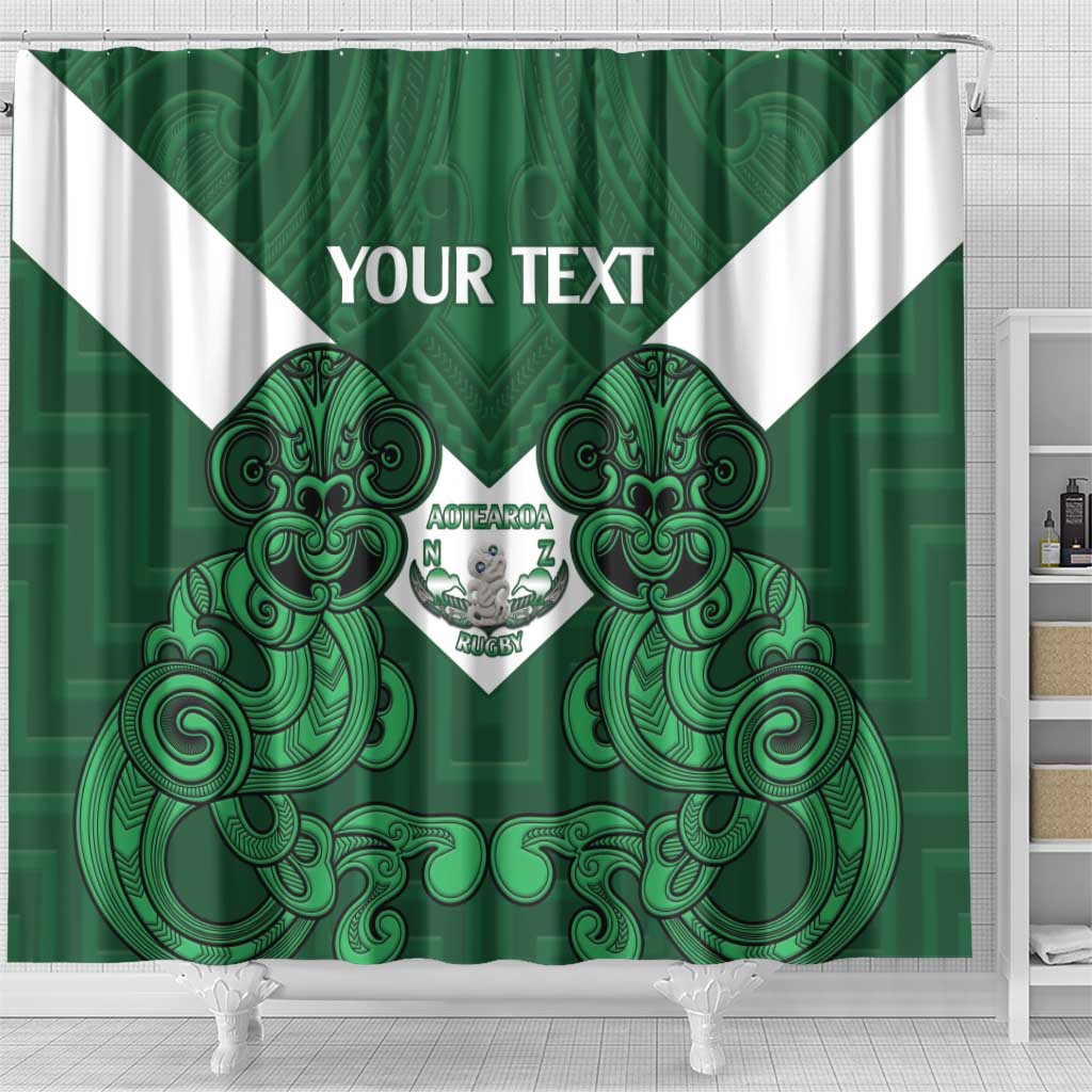 Custom Aotearoa Rugby Shower Curtain New Zealand Maori Kete Poutama Pattern
