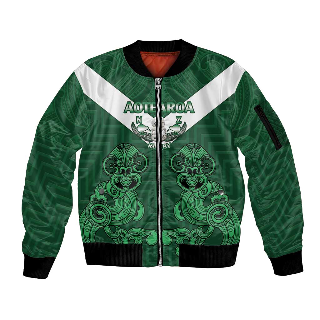 Custom Aotearoa Rugby Sleeve Zip Bomber Jacket New Zealand Maori Kete Poutama Pattern