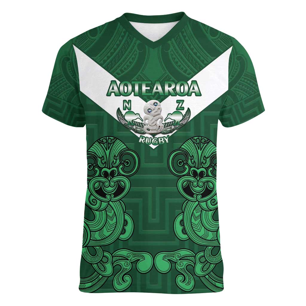 Custom Aotearoa Rugby Women V-Neck T-Shirt New Zealand Maori Kete Poutama Pattern