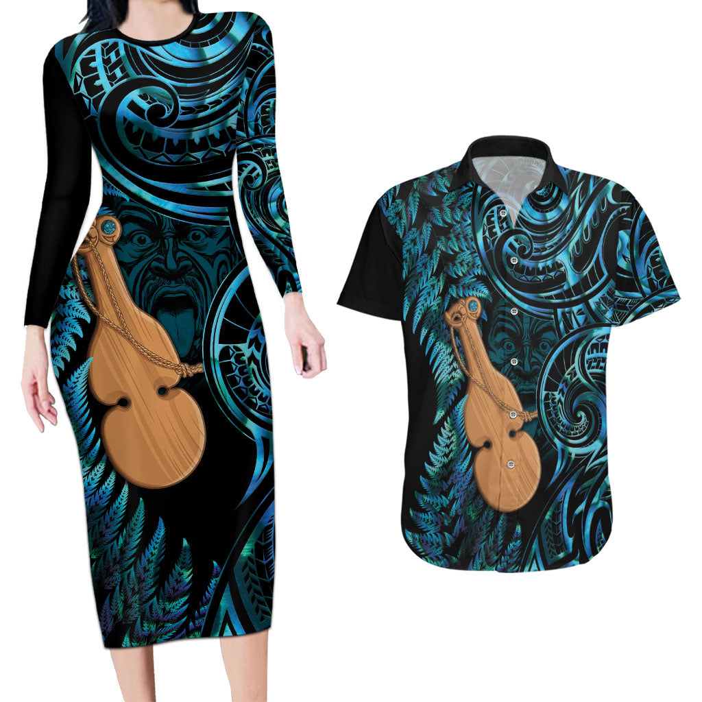 Kotiate New Zealand Couples Matching Long Sleeve Bodycon Dress and Hawaiian Shirt Maori Weapon Paua Shell Haka Fern