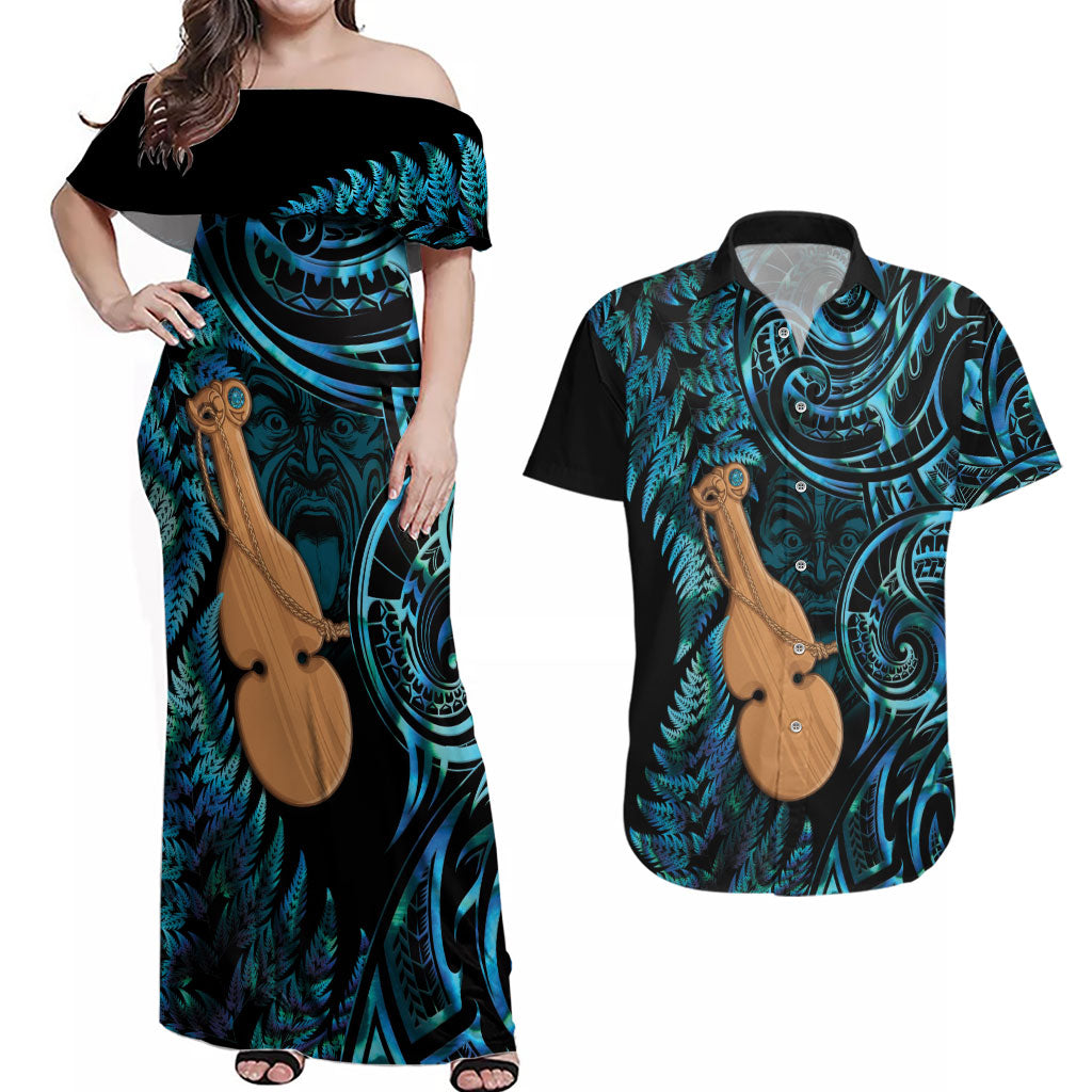 Kotiate New Zealand Couples Matching Off Shoulder Maxi Dress and Hawaiian Shirt Maori Weapon Paua Shell Haka Fern LT14 Turquoise - Polynesian Pride