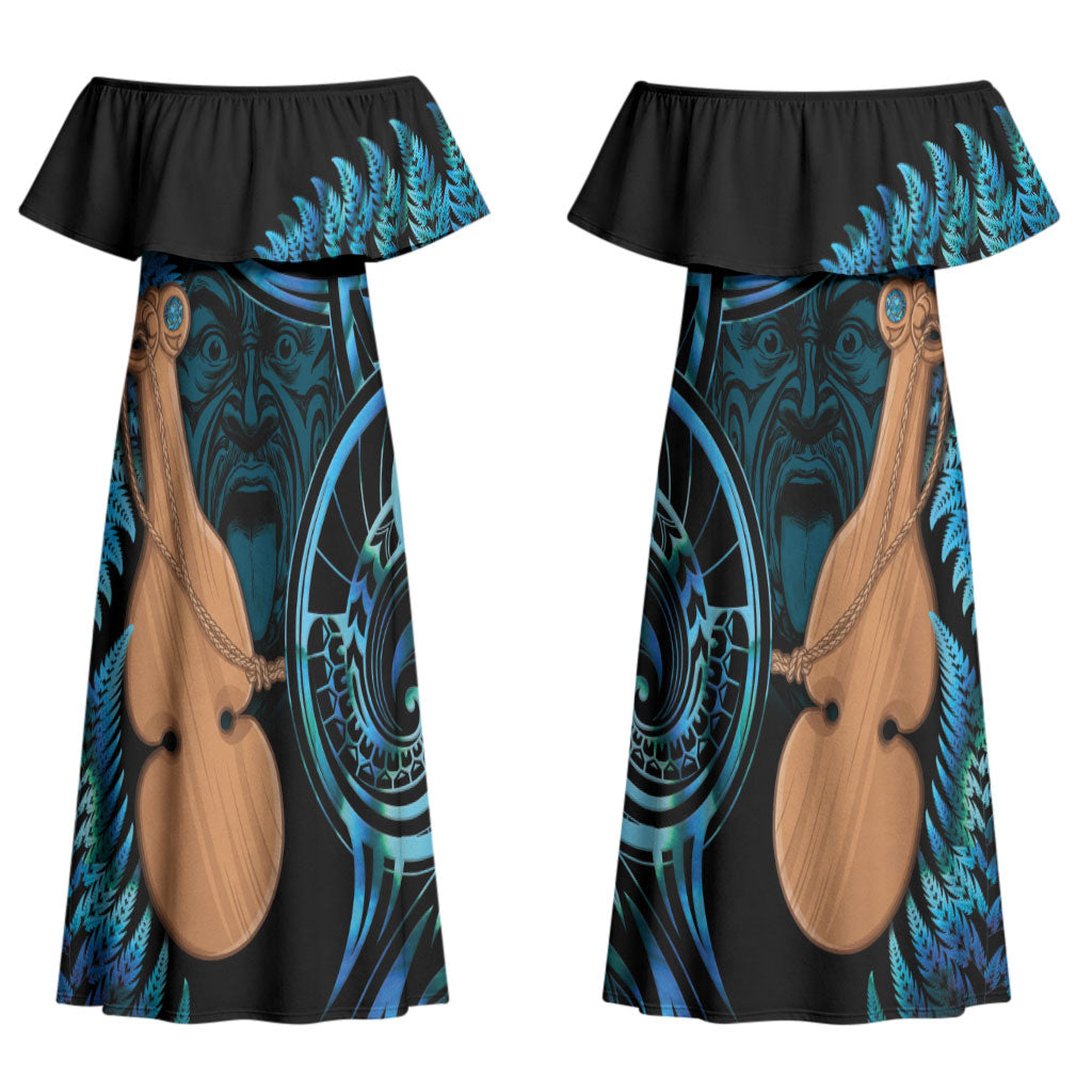 Kotiate New Zealand Couples Matching Off Shoulder Maxi Dress and Hawaiian Shirt Maori Weapon Paua Shell Haka Fern LT14 - Polynesian Pride
