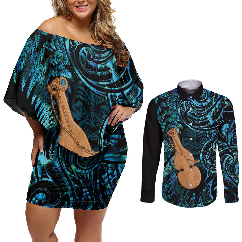 Kotiate New Zealand Couples Matching Off Shoulder Short Dress and Long Sleeve Button Shirt Maori Weapon Paua Shell Haka Fern LT14 Turquoise - Polynesian Pride