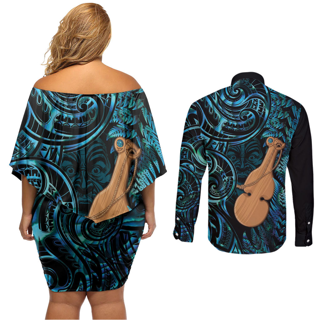 Kotiate New Zealand Couples Matching Off Shoulder Short Dress and Long Sleeve Button Shirt Maori Weapon Paua Shell Haka Fern
