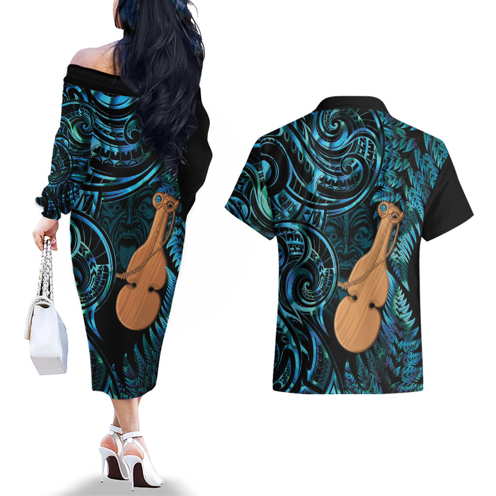 Kotiate New Zealand Couples Matching Off The Shoulder Long Sleeve Dress and Hawaiian Shirt Maori Weapon Paua Shell Haka Fern