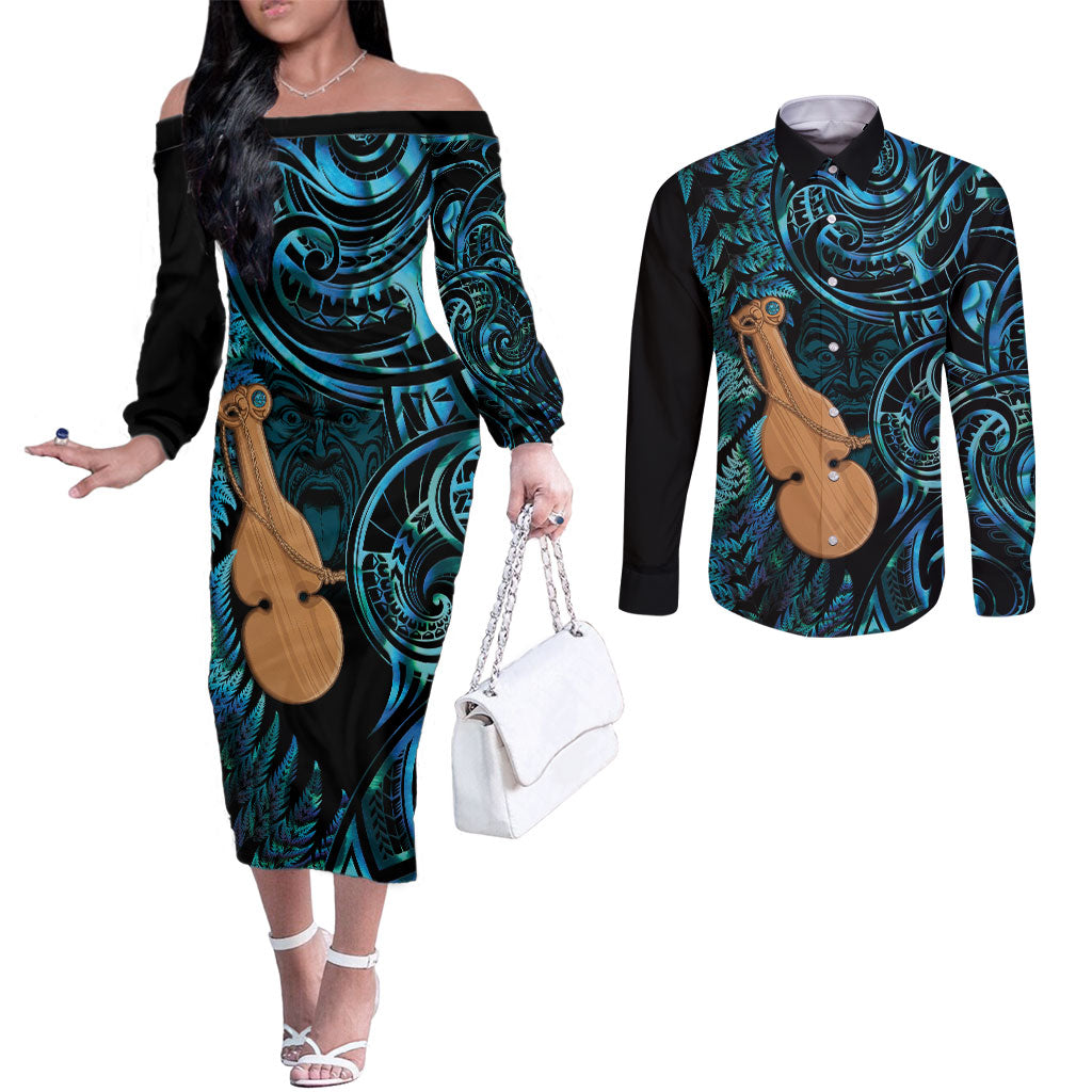 Kotiate New Zealand Couples Matching Off The Shoulder Long Sleeve Dress and Long Sleeve Button Shirt Maori Weapon Paua Shell Haka Fern LT14 Turquoise - Polynesian Pride