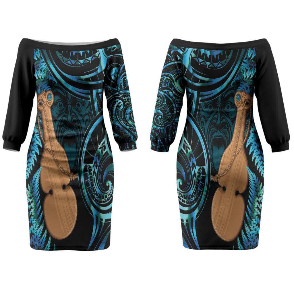 Kotiate New Zealand Couples Matching Off The Shoulder Long Sleeve Dress and Long Sleeve Button Shirt Maori Weapon Paua Shell Haka Fern LT14 - Polynesian Pride
