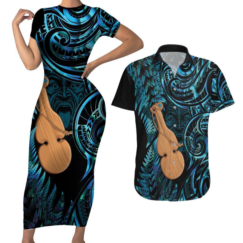 Kotiate New Zealand Couples Matching Short Sleeve Bodycon Dress and Hawaiian Shirt Maori Weapon Paua Shell Haka Fern LT14 Turquoise - Polynesian Pride