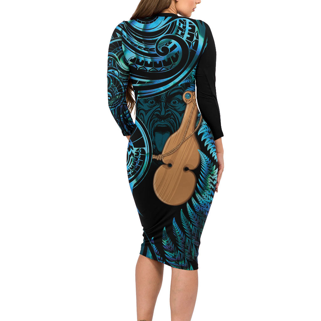 Kotiate New Zealand Family Matching Long Sleeve Bodycon Dress and Hawaiian Shirt Maori Weapon Paua Shell Haka Fern