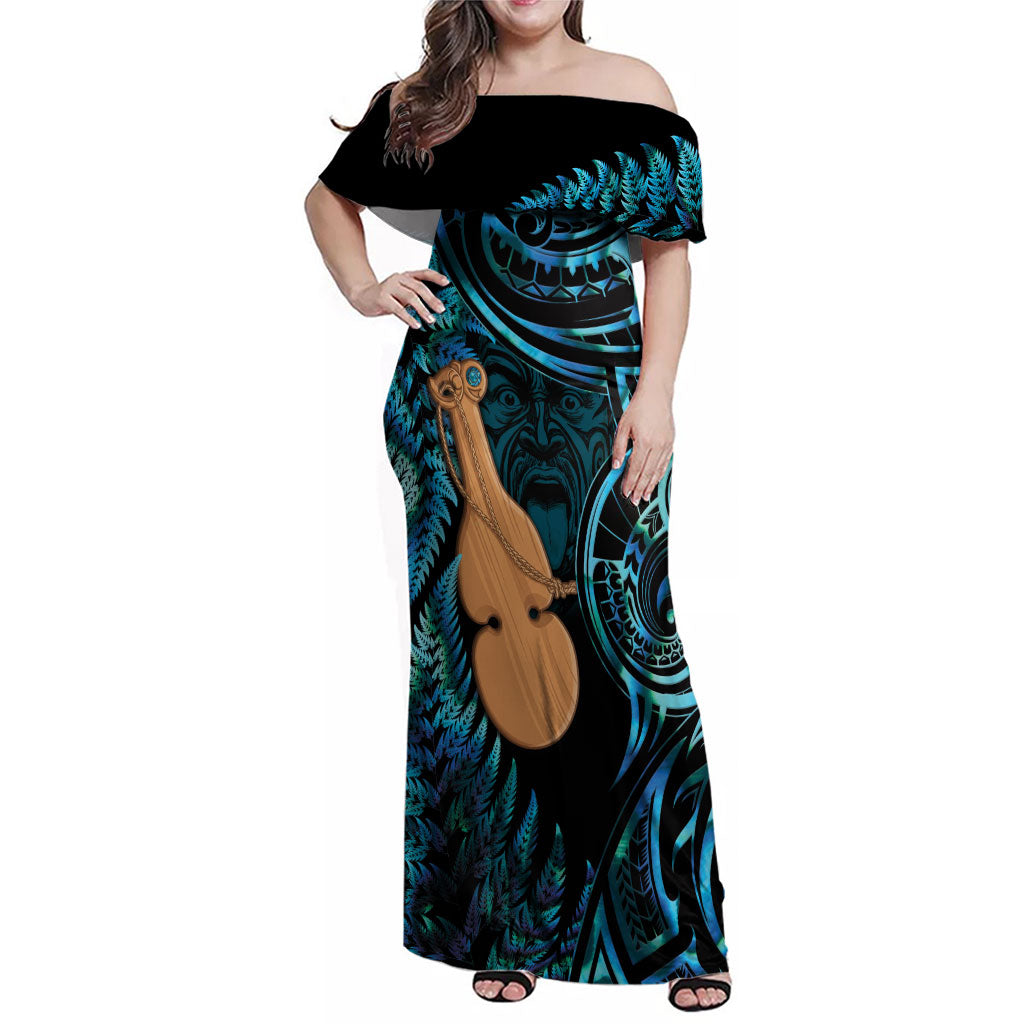 Kotiate New Zealand Family Matching Off Shoulder Maxi Dress and Hawaiian Shirt Maori Weapon Paua Shell Haka Fern