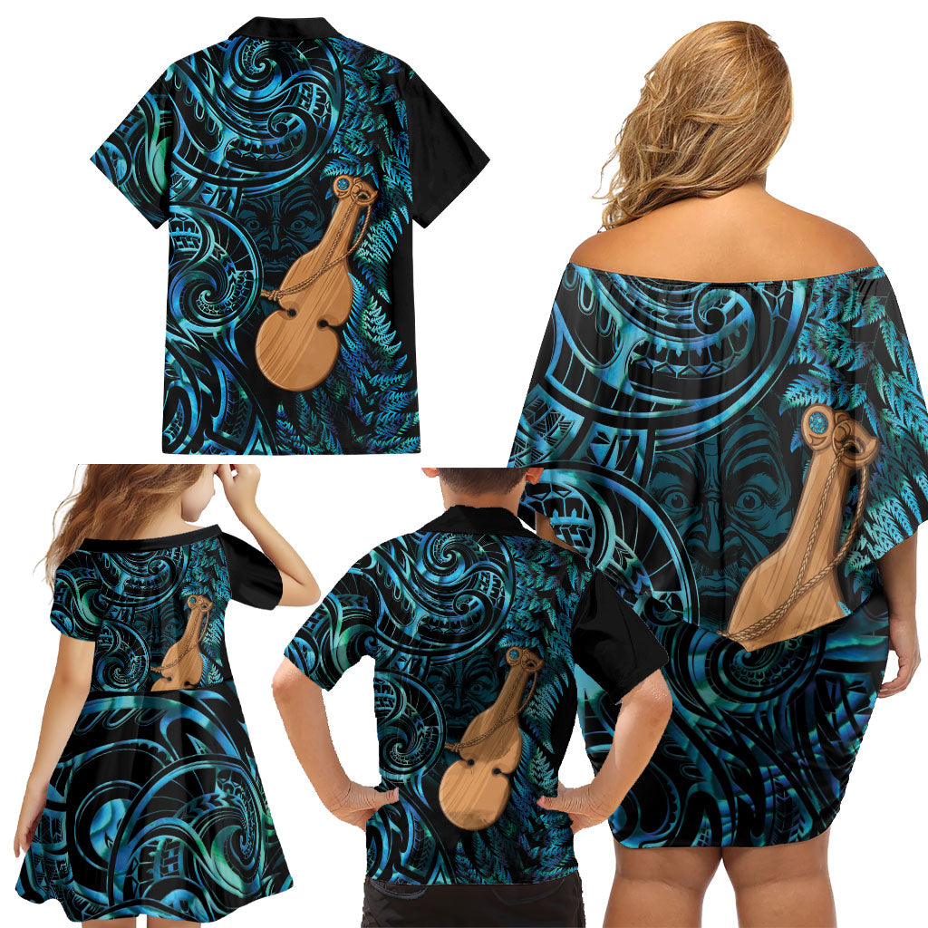 Kotiate New Zealand Family Matching Off Shoulder Short Dress and Hawaiian Shirt Maori Weapon Paua Shell Haka Fern