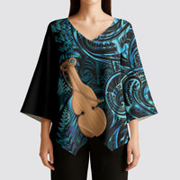 Kotiate New Zealand Kimono Sleeve Blouse Maori Weapon Paua Shell Haka Fern