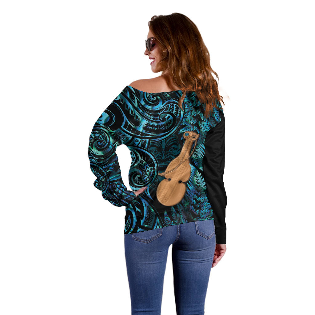 Kotiate New Zealand Off Shoulder Sweater Maori Weapon Paua Shell Haka Fern