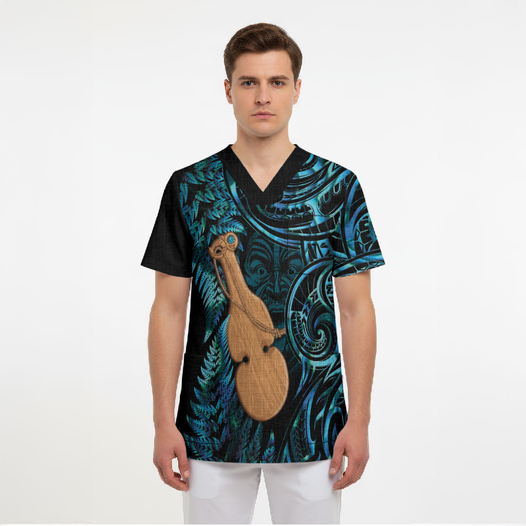 Kotiate New Zealand Scrub Top Maori Weapon Paua Shell Haka Fern
