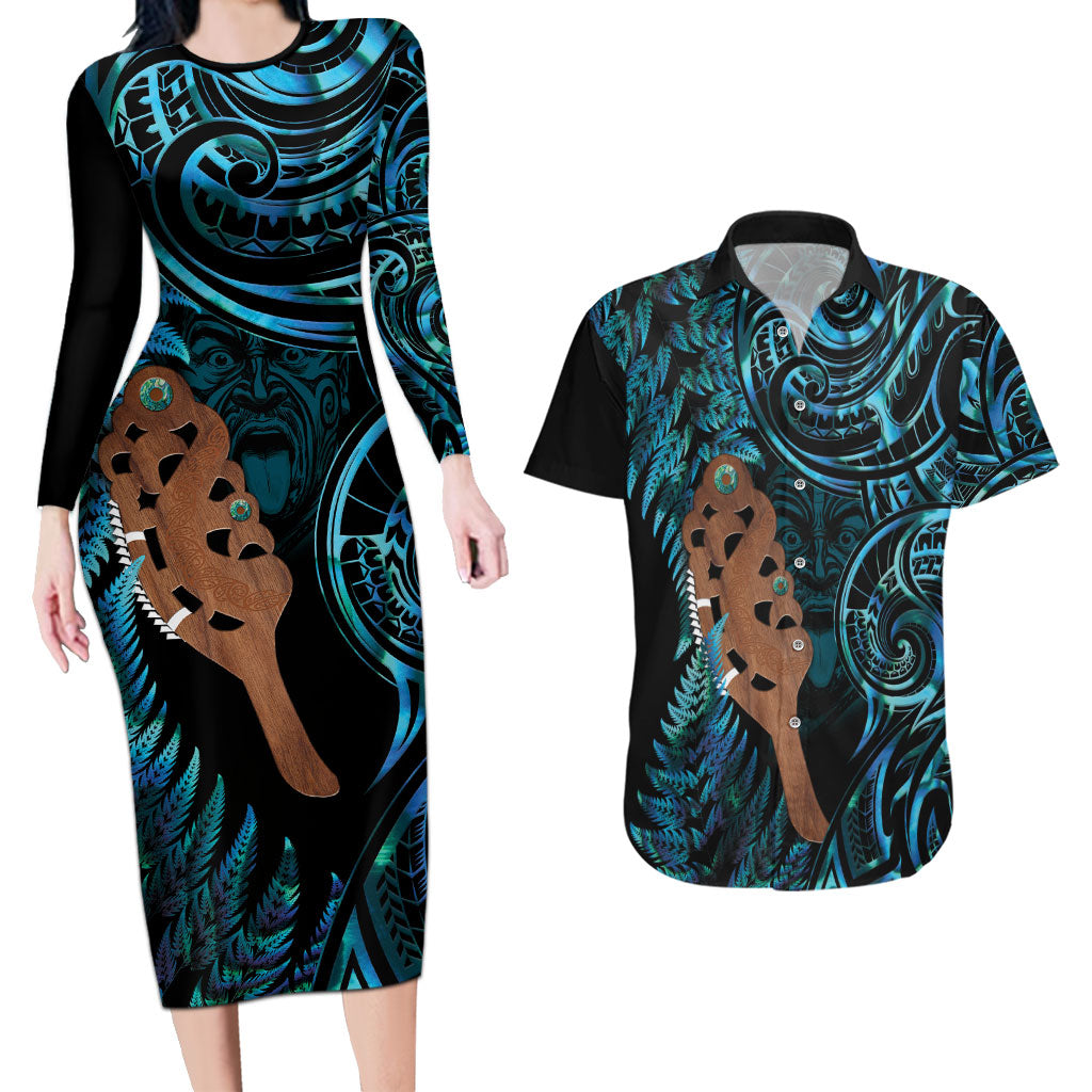 Maripi New Zealand Couples Matching Long Sleeve Bodycon Dress and Hawaiian Shirt Maori Weapon Paua Shell Haka Fern LT14 Turquoise - Polynesian Pride