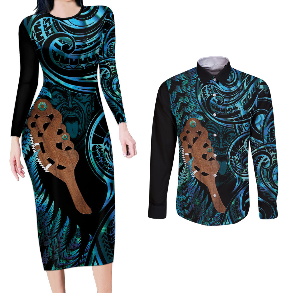 Maripi New Zealand Couples Matching Long Sleeve Bodycon Dress and Long Sleeve Button Shirt Maori Weapon Paua Shell Haka Fern