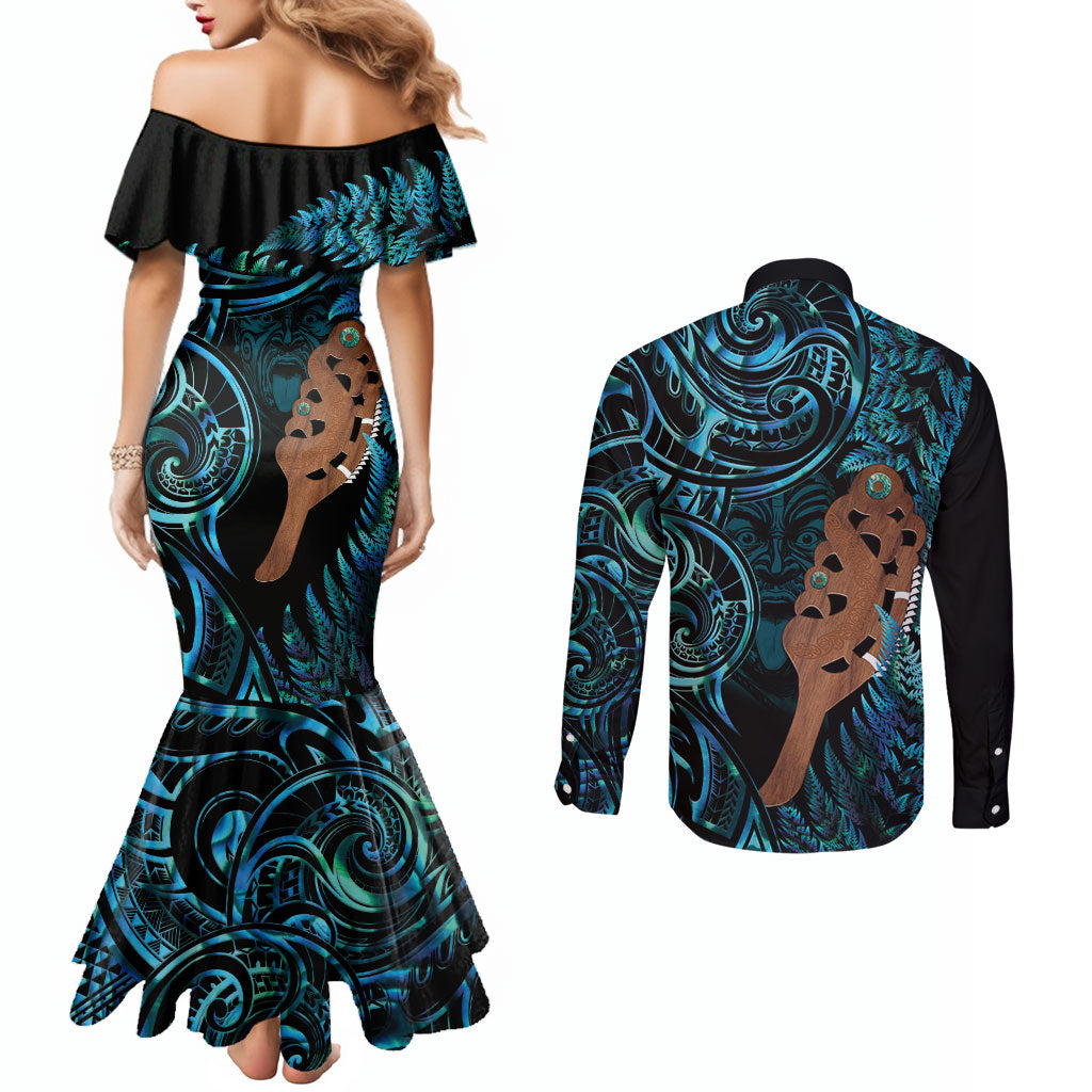 Maripi New Zealand Couples Matching Mermaid Dress and Long Sleeve Button Shirt Maori Weapon Paua Shell Haka Fern