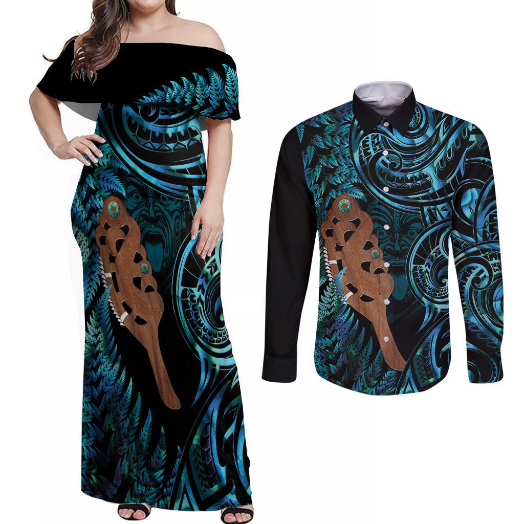 Maripi New Zealand Couples Matching Off Shoulder Maxi Dress and Long Sleeve Button Shirt Maori Weapon Paua Shell Haka Fern
