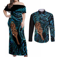 Maripi New Zealand Couples Matching Off Shoulder Maxi Dress and Long Sleeve Button Shirt Maori Weapon Paua Shell Haka Fern
