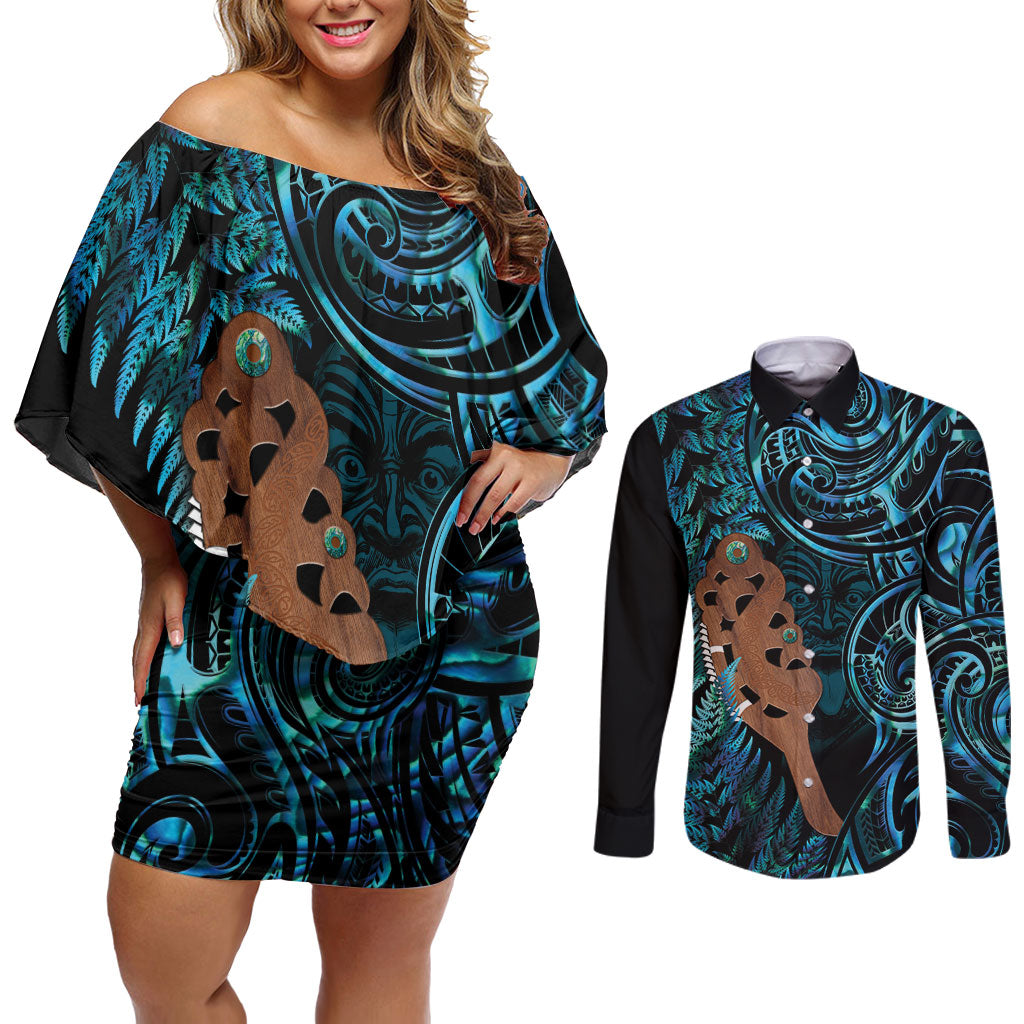 Maripi New Zealand Couples Matching Off Shoulder Short Dress and Long Sleeve Button Shirt Maori Weapon Paua Shell Haka Fern LT14 Turquoise - Polynesian Pride