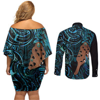 Maripi New Zealand Couples Matching Off Shoulder Short Dress and Long Sleeve Button Shirt Maori Weapon Paua Shell Haka Fern