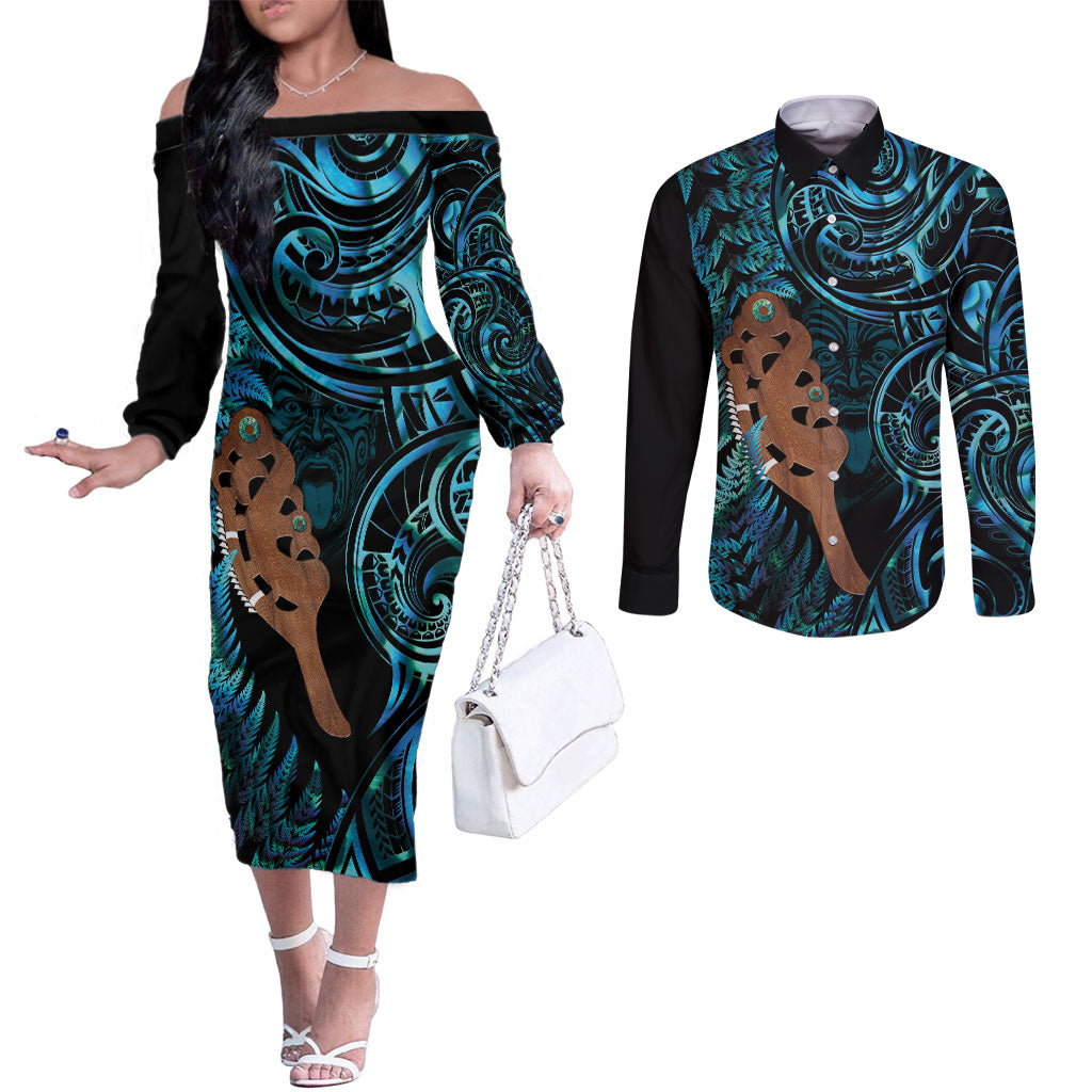Maripi New Zealand Couples Matching Off The Shoulder Long Sleeve Dress and Long Sleeve Button Shirt Maori Weapon Paua Shell Haka Fern