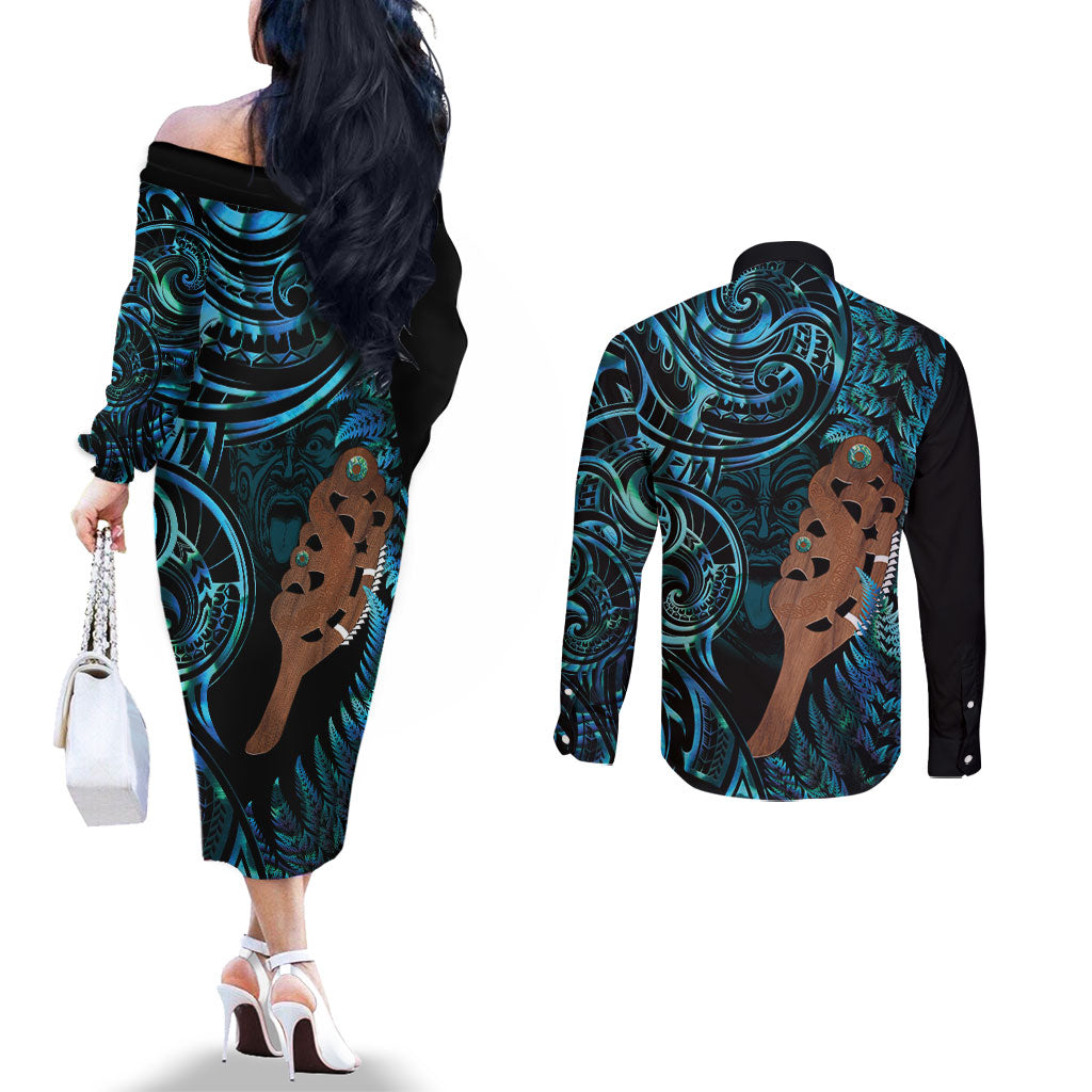 Maripi New Zealand Couples Matching Off The Shoulder Long Sleeve Dress and Long Sleeve Button Shirt Maori Weapon Paua Shell Haka Fern