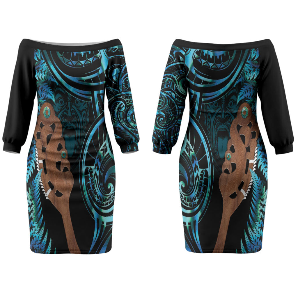 Maripi New Zealand Couples Matching Off The Shoulder Long Sleeve Dress and Long Sleeve Button Shirt Maori Weapon Paua Shell Haka Fern LT14 - Polynesian Pride