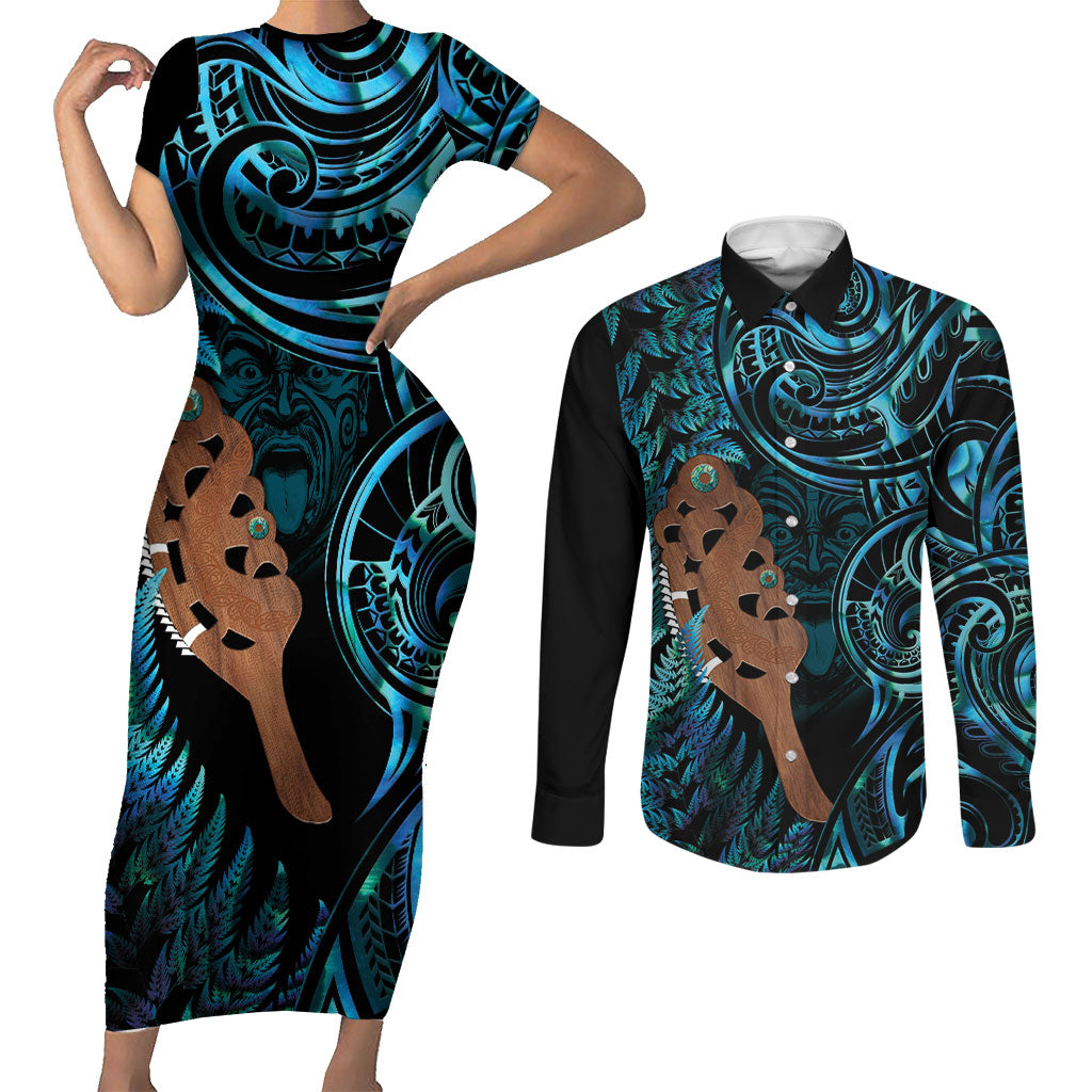 Maripi New Zealand Couples Matching Short Sleeve Bodycon Dress and Long Sleeve Button Shirt Maori Weapon Paua Shell Haka Fern