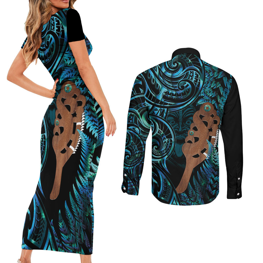Maripi New Zealand Couples Matching Short Sleeve Bodycon Dress and Long Sleeve Button Shirt Maori Weapon Paua Shell Haka Fern