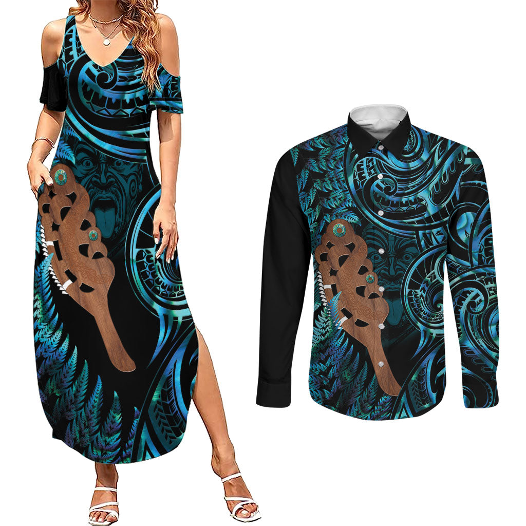 Maripi New Zealand Couples Matching Summer Maxi Dress and Long Sleeve Button Shirt Maori Weapon Paua Shell Haka Fern