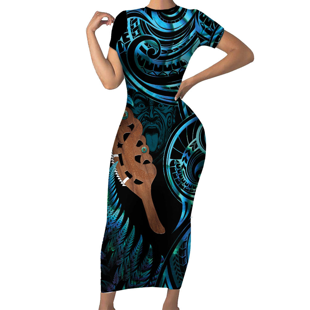 Maripi New Zealand Family Matching Short Sleeve Bodycon Dress and Hawaiian Shirt Maori Weapon Paua Shell Haka Fern