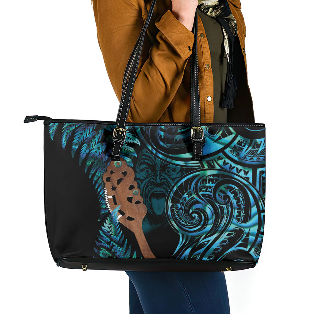 Maripi New Zealand Leather Tote Bag Maori Weapon Paua Shell Haka Fern