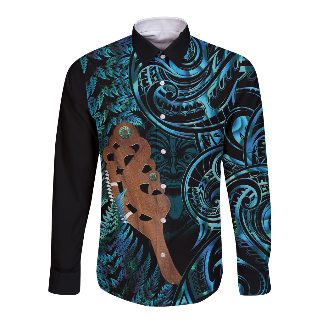 Maripi New Zealand Long Sleeve Button Shirt Maori Weapon Paua Shell Haka Fern LT14 Unisex Turquoise - Polynesian Pride