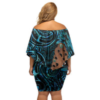 Maripi New Zealand Off Shoulder Short Dress Maori Weapon Paua Shell Haka Fern