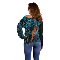 Maripi New Zealand Off Shoulder Sweater Maori Weapon Paua Shell Haka Fern